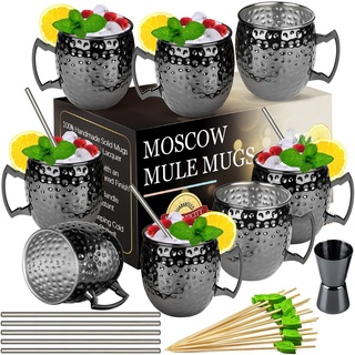 LINALL Moscow Mule Becher - Set mit 8 Gunmetal schwarz plattiert 530 ml Edelstahl Tasse Doppel-Jigger Chilled Drink Cocktail Mug (Schwarz) 8 Stück