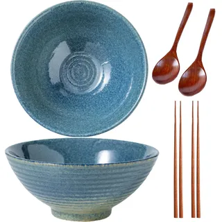 Sightday 2 * 1200ML Ramen Schüssel Set, Keramik, Ramen Bowl mit Ramenlöffel und Essstäbchen, Suppenschalen, Nudelschüssel, Snack, Salatschüssel, Groß, Blau