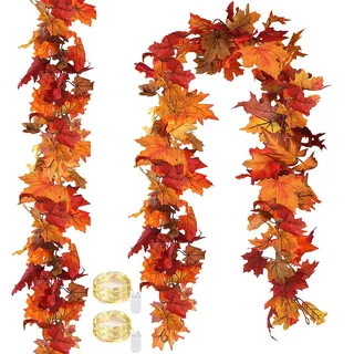 2 Stück Herbst Girlande mit LED, Künstliche HerbstGirlande Ahornblatt Girlande Bunte Herbstdekoration für Zuhause Hochzeit Party für Zuhause Kamin Kaminsim Haustür Erntedank-Dekor