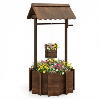 RELAX4LIFE Gartenbrunnen Holz, Zierbrunnen mit Dach & Holzeimer & Kurbel, Wunschbrunnen Blumentopf, Blumenkübel Pflanzkasten, Dekobrunnen für Garten, 56 x 56 x 114 cm, Rustikales Braun