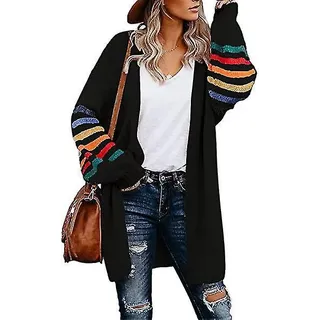 Damen-strickjacke Lang Mit Puffärmeln, Patchwork-details, Knopfverschluss Und Taschen – Größe M