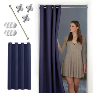 tinycurtains, Türvorhang mit Teleskopstange, einfache Montage in nur 1 Minute ohne Bohren (Türvorhang dunkelblau + Stange Silber, Vorhang 200 x 150 cm (HxB); Stange 55-90 cm)
