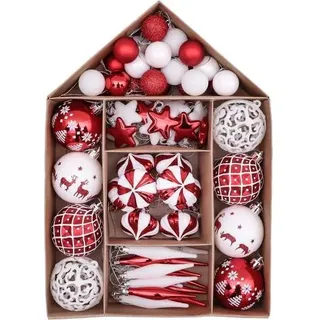 Weihnachtskugeln 70tlg Kunststoff Set Anhänger Hirsch Rot Weiß