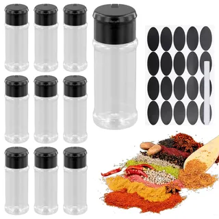 10 Stück Gewürzgläser,100ml Gewürzstreuer Kunststoff mit Etiketten,Stift,10,4x4cm Gewürzbehälter Leer Gewürze Organizer,GewüRzglasbehäLter Gewürzdosen Set,Klein Gewürzbox zur Aufbewahrung von Gewürzen