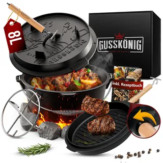 GUSSKÖNIG Dutch Oven Set - Eingebrannter Dutch Oven 8 Liter - Feuertopf aus Gusseisen ohne Füßen - Schmortopf Doppelfunktion - inkl. 2in1 Deckelheber, Dutch Oven Rezeptbuch[für 3-6 Personen]