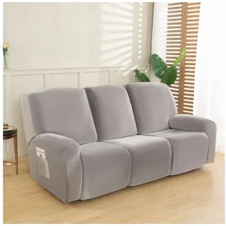 Rosnek Sesselschoner 8 tlg. Sesselbezug 3 Sitzer aus Samt Stretchhusse elastisch, Stretch sesselschoner mit armlehne, für relaxsessel und Fernsehsessel grau