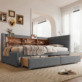 Daybett Leinen Grau 90x200 Cm Mit 2 Schubladen, Lattenrost, Usb/typ-c Und Ablagefächern