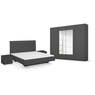 Rauch Möbel Florenz, Schlafzimmer-Set, Farbe Grau metallic, 4-teilig | Set bestehend aus Bett, Liegefläche 160x200cm, 2 Nachttische 2 Schubladen 40x36x40cm, Kleiderschrank, Spiegel 226x210x54cm