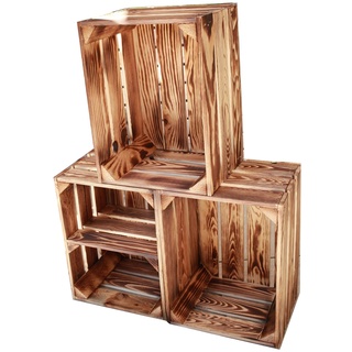 Teramico Vintage Holzkisten 40 x 30 x 25cm geflammt | Weinkisten & Obstkisten | Set-Angebote (3er Set mit Boden Kurz)