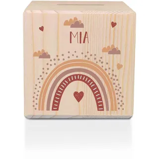 GRAVURZEILE Bedruckte Spardose aus Holz mit Metallschloss - Regenbogen Rot - Personalisiert mit Name - Geschenk zur Taufe, Kommunion oder Geburt - Sparschwein für Mädchen & Jungen
