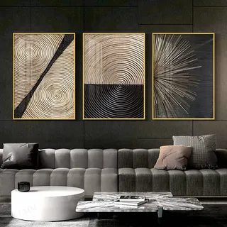 HTWLMM Leinwand Bilder Schwarz Gold Jahresring Linien Wandbilder Wohnzimmer Schlafzimmer Kunst Malerei Home Deko Modern Leinwandbild Dekoration Ohne Rahmen (A,3X60X80CM)