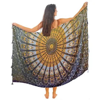 Boho Mandala Pareo Sarong Bikini Cover-Up mit Quasten – Superweiche leichte Baumwolle, Großes indisches Pfauenmuster - XL