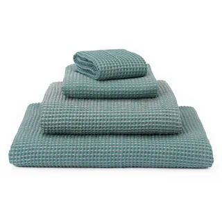 URBANARA Premium Gäste-Handtuch Set Kotra - 50% Leinen & 50% Baumwolle - 2er Set 30x50cm Handtücher, schnelltrocknend & fusselfrei Waffelpique Öko-Tex 100 - Grau-Grün & Natur
