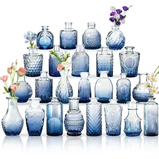 YRHome 24 Stück Kleine Vasen für Tischdeko, Glas-Budenvasen-Set Mini, kleine Glasvase, Vintage-Blumenvasen & Knospenvasen für Hochzeiten, Partys, Feierlichkeiten Verlauf Blau