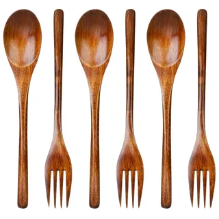 KALIONE 6 Stück Holzlöffel und Holzgabeln Besteck-Set Holzbesteck, Wiederverwendbares Holzlöffel Gabel, Braun Vintage Style Holzbesteck-Sets zum Salat Rühren, Kochen, Catering, 570808_1_eyM1WYdEd