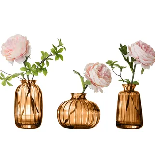Glasvase, 3er-Set, dekorative kleine Vase für Tisch, Wohnzimmer, Schlafzimmer, Zuhause, Büro, Küche, Dekor, Braun