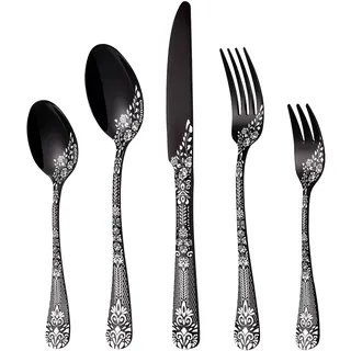 Besteck Set Schwarz für 6 Personen, HONKKU 30-teiliges Edelstahl Besteckset, Essbesteck Set Spiegel Polierter mit Blumenmustern, Gabel Löffel Messer Set Spülmaschinenfest