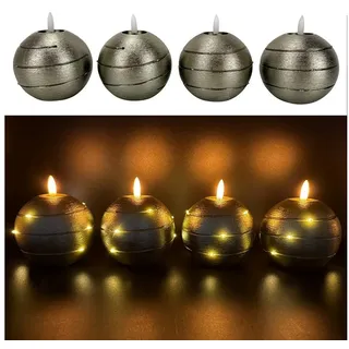 Online-Fuchs LED-Kerze 4 runde Kugelkerzen aus Echtwachs mit Timer & LED-Lichterkette, realistische Kerzenflamme, warmweiße Flamme und Lichterkette, praktische 6-Stunden Timerfunktion enthalten grün|silberfarben