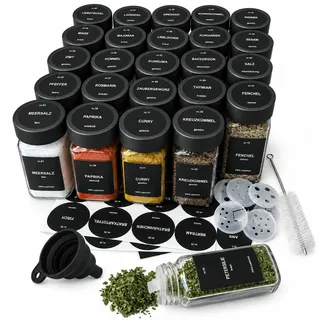 ZEBEN Gewürzgläser 120ml Set 25 Stück mit Etiketten, Leere Gewürzdosen mit Deckel, Trichter & Reinigungsbürste, 240 Aufkleber zum Beschriften für Küche, Vorratsschrank & Gewürzregal