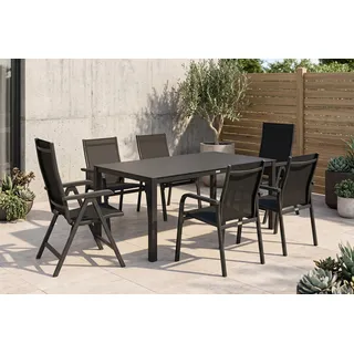 KETTLER BasicPlus Garten-Essgruppe, anthrazit, Alu/Spraystone/Textil, 160 x 95 cm, 4 Stapelsessel, 2 Klappstühle