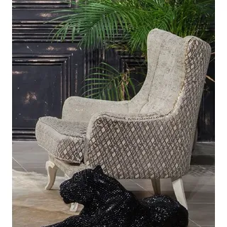 Casa Padrino Luxus Barock Ohrensessel Hellgrau / Weiß / Gold - Eleganter Wohnzimmer Sessel mit Muster - Wohnzimmer Möbel im Barockstil