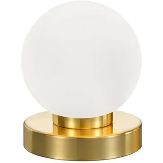 Reality Leuchten LED Nachttischlampe, Dimmfunktion, LED wechselbar, Warmweiß, kleine Bauhaus Lampe touch dimmbar Glas-kugel Lampenschirm Weiß Ø 12cm goldfarben