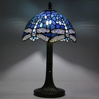 BOTOWI Tiffany Lampe Buntglas Lampe Vintage Tischlampe Blaue Lampe Lila Lampe Libelle Lampe Lesen Nachttischlampe für Wohnzimmer Schlafzimmer Büro, Rot Orange Gelber Schirm, 10 "B x 14" H,Blau
