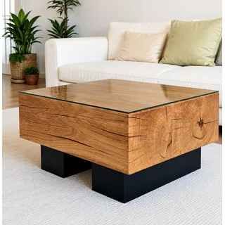 LosBudos Couchtisch Eiche Massivholz mit Glasplatte oder Rustikal, Tischgestell aus Metall Schwarz 60 cm x 60 cm