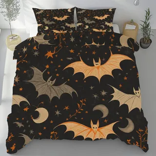 Bettwäsche 135x200cm 3teilig - Bettwäsche-Sets Weich und Bügelfrei Halloween Tiere Fledermaus Wendebettwäsche 3tlg mit Reißverschluss, Sterne Mond Fledermäuse Bettbezüge Set + 2 Kissenbezüge 80X80cm