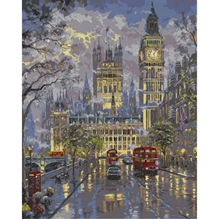 YEESAM ART Neuerscheinungen Malen nach Zahlen für Erwachsene Kinder - London im Regen Busse 16 * 20 Zoll Leinen Segeltuch - DIY ölgemälde ölfarben Weihnachten Geschenke (London im Regen, Mit Rahmen)