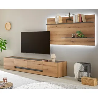 Furn.Design Wohnwand Center, (TV Schrank in Evoke Eiche mit grau, 2-teilig, ca. 300 x 190 cm), mit großem TV-Lowboard beige