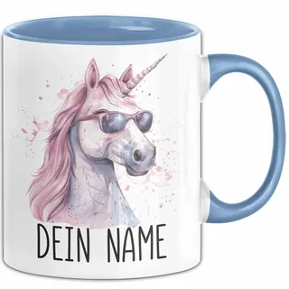 Einhorn Tasse mit Namen – Personalisierte Tasse Geburtstag Geschenkidee süßes Einhornmotiv Mit Sonnenbrille Cool Namenstasse (Blau)