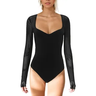 EMOTTOS Damen Durchsichtig Mesh Patchwork Bodys, Sexy Rückenfreier Bodysuits mit Sweetheart-Ausschnitt, Transparentes Spitzenbody mit Mesh Ärmeln, Bodys mit Schnapp-Verschluss für Frauen, Schwarz, S - S