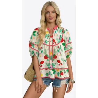 Imily Bela Kurzarmbluse Damen Babydoll Tops mit Blumenmuster (Packung, 1-tlg., 1per-Pack) mit V-Ausschnitt beige S(36)