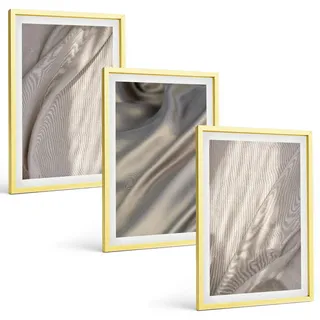 BILDER SET 3er Set - 40x60 cm Goldrahmen - Nahaufnahme von natürlichen Boho-Stoffen