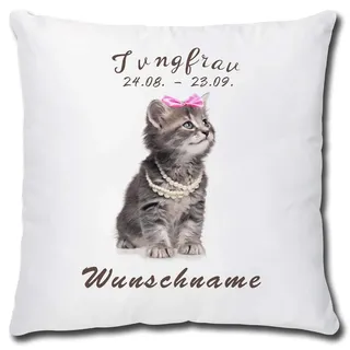TRIOSK Kissen Katzenmotiv mit Namen personalisiert Sternzeichen Jungfrau Dekokissen Katze lustig Geschenk für Katzenliebhaber Frauen Mädchen Kinder 40x40 Weiß Grau