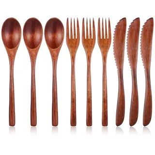 GEEHUA 9 Teiliges Holzbesteck zum Essen, 3 Typen Nanmu Holzgeschirr Wiederverwendbarer Holzlöffel Gabeln Schaber Holzbesteck für Küche Zuhause Büro Geschenkideen