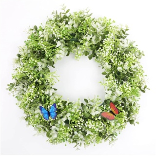 FOMAISELF 50 cm grün-weiße künstliche Pflanzen Türkranz – Handgemachte grüne Blätter Haustür-Kranz für alle Jahreszeiten, Frühling Sommer Grüne Blumenkranz für drinnen und draußen