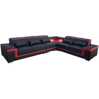 JVmoebel Ecksofa Schwarze Ledercouch mit Boxspring-Polsterung und Zierkissen, Made in Europa rot|schwarz