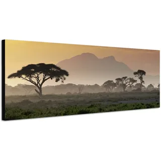 Wandbild auf Leinwand als Panorama in 120x40 cm Afrika bei Sonnenuntergang! Afrikanische Savanne mit Baum und Berge.Serengeti mit Graslandschaft.