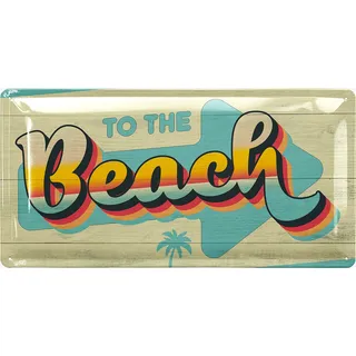 LANOLU Retro Blechschild BEACH - Surf und Strand Deko Garten - Pool Schild und Pool Dekoration - Wegweiser Schild für die Tiki Bar - Metallschild in Holzschild Optik 17x34cm