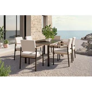 PLOSS Lunare Garten-Essgruppe, cashmere sand/anthrazit, Alu/Holzdekor/Glas, 180 x 100 cm, 6 Sessel, Quick Dry Foam