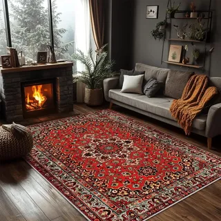 buyluhn Quadratischer Kurzflor Teppich 250x250 cm – Waschbar & rutschfest, Boho Mandala Rug Carpet Vintage Blumen Großer Teppiche für Wohnzimmer & Esszimmer QH30