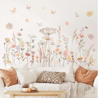 DECOWALL SG2-2421 Wandtattoos mit Boho-Blumen in Aquarell Wildblumen Blumen Gras Schlafzimmer Wohndekor Kunst bunt rosa Pflanzen entfernbar Abziehen und ankleben Kinderzimmer Heim DIY Blätter Garten