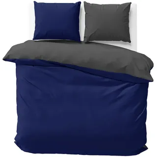 Visaggio Wende Bettwäsche Mikrofaser 240x220 cm Dunkelblau Anthrazit Bettbezug Set Ganzjährig Kingsize Ehebett mit Reißverschluss
