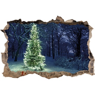 Pixxprint 3D_WD_2535_62x42 Leuchtender Weihnachtsbaum im Wald Wanddurchbruch 3D Wandtattoo, Vinyl, bunt, 62 x 42 x 0,02 cm
