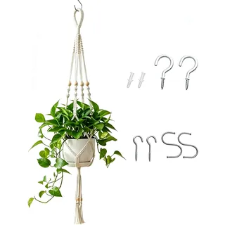 TASSFROO Makramee Blumenampel Hängeampel aus Baumwolle mit Haken Hängender Blumentopf für Innen Fenster Balkon Boho Pflanzenhalter Weiß Handgefertigt für Wohnzimmer Deko Ohne Topf Pflanze (9)