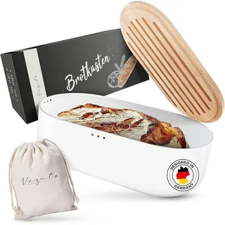 Vezato Brotbox – Nachhaltiger Brotkasten für lange Frische – Extra großer Brotkorb mit Bambusdeckel & Schneidebrett – Nachhaltiger Brotbehälter inkl. Brotsack