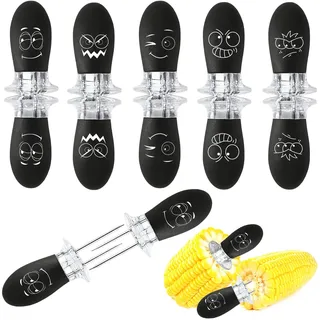 AUGSUN Maiskolbenhalter-Set, 10 Stück/5 Paar Mit Lustigen Gesichtern, Edelstahl-Grillspieße für Zuhause, Kochen, Partys, Camping, Schwarz