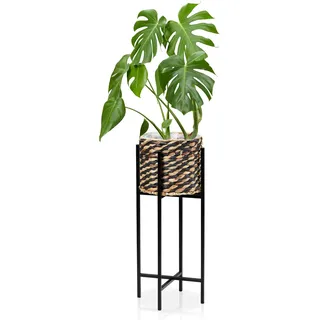 KHG Übertopf geflochten gestreift Wasserhyazinthe & Gestell Schwarz, Durchmesser 23 cm, Topfhöhe 22 cm, Blumentopf innen foliert, 4 Beine, Boho- & Ethno-Stile, Deko Zimmerpflanze